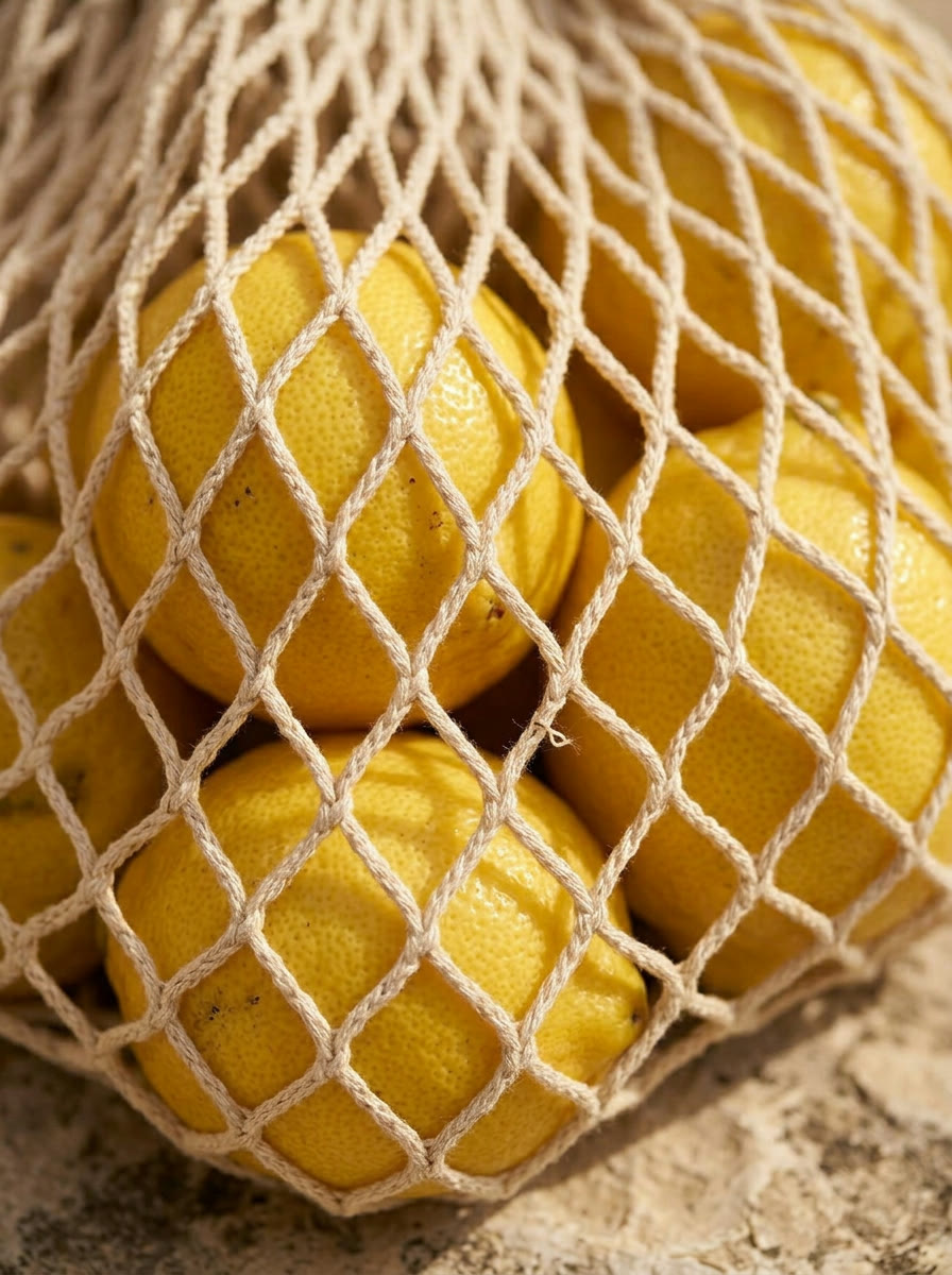 Still life macro - lemons in cotton netting, AI generated and art directed by me