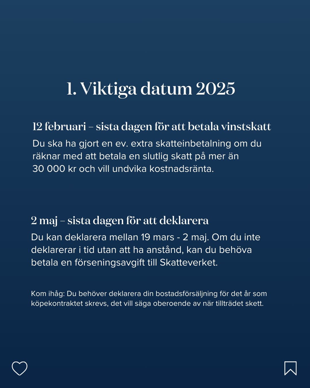 HusmanHagberg - "Deklarera bostadsförsäljning", an eight slide educational carousel. Concept, copy structure, layout and design by me. Swipe through the slides. - slide 2