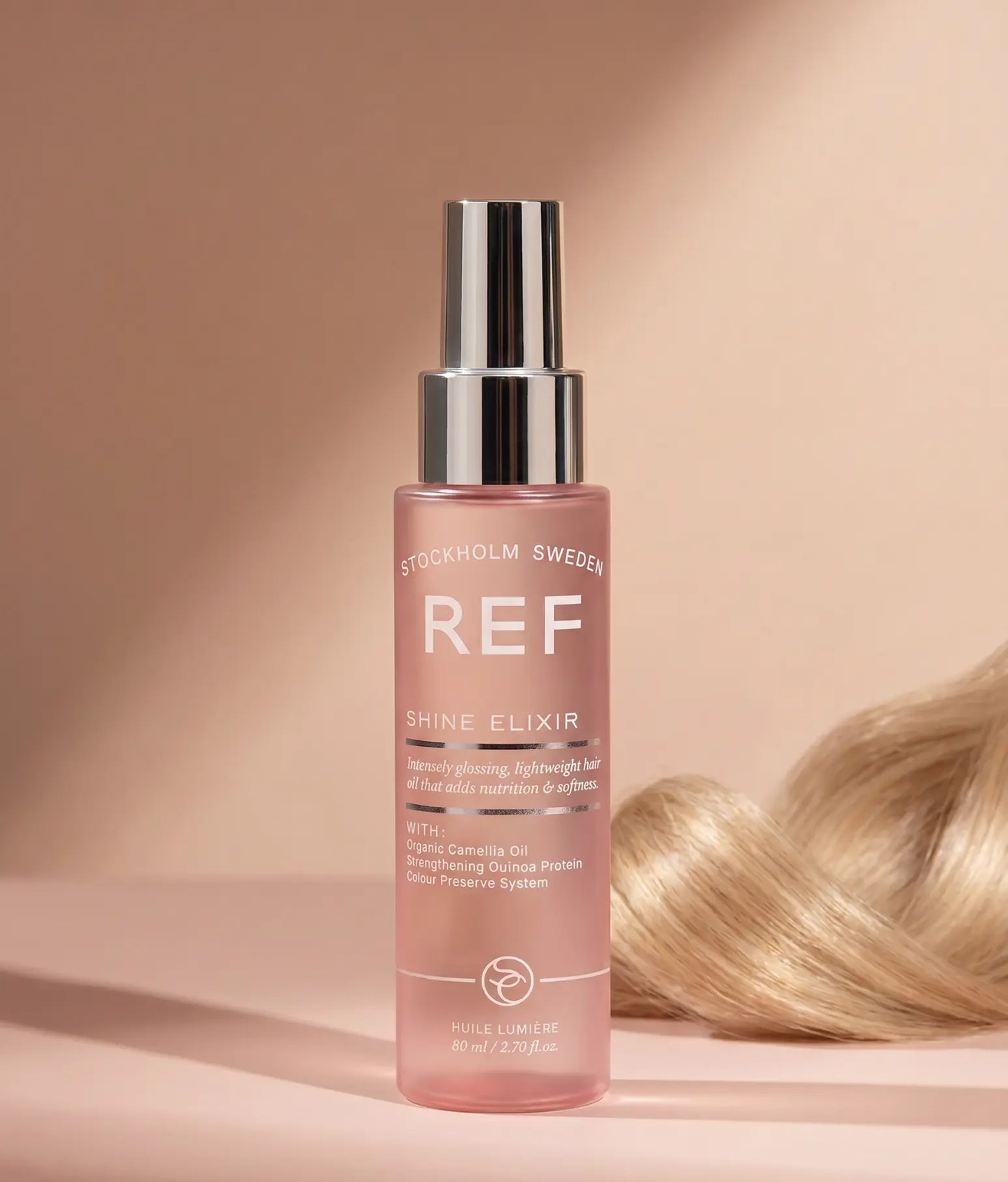 Studio product frame - shine elixir with a curl of blonde hair, AI generated and art directed by me