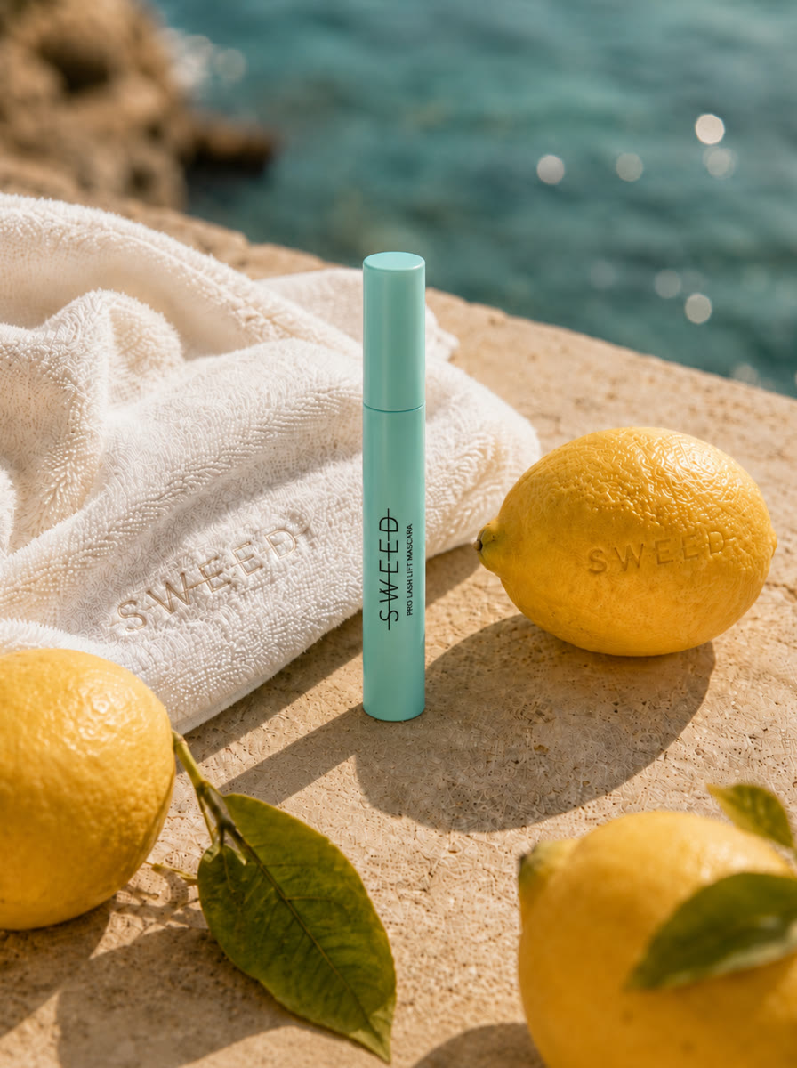 Campaign still - mascara on sun bleached stone by the sea, AI generated and art directed by me