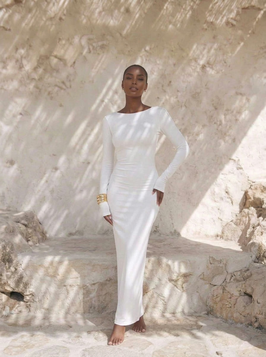 Gold cuff chapter - full length hero in white column dress, AI generated and art directed by me