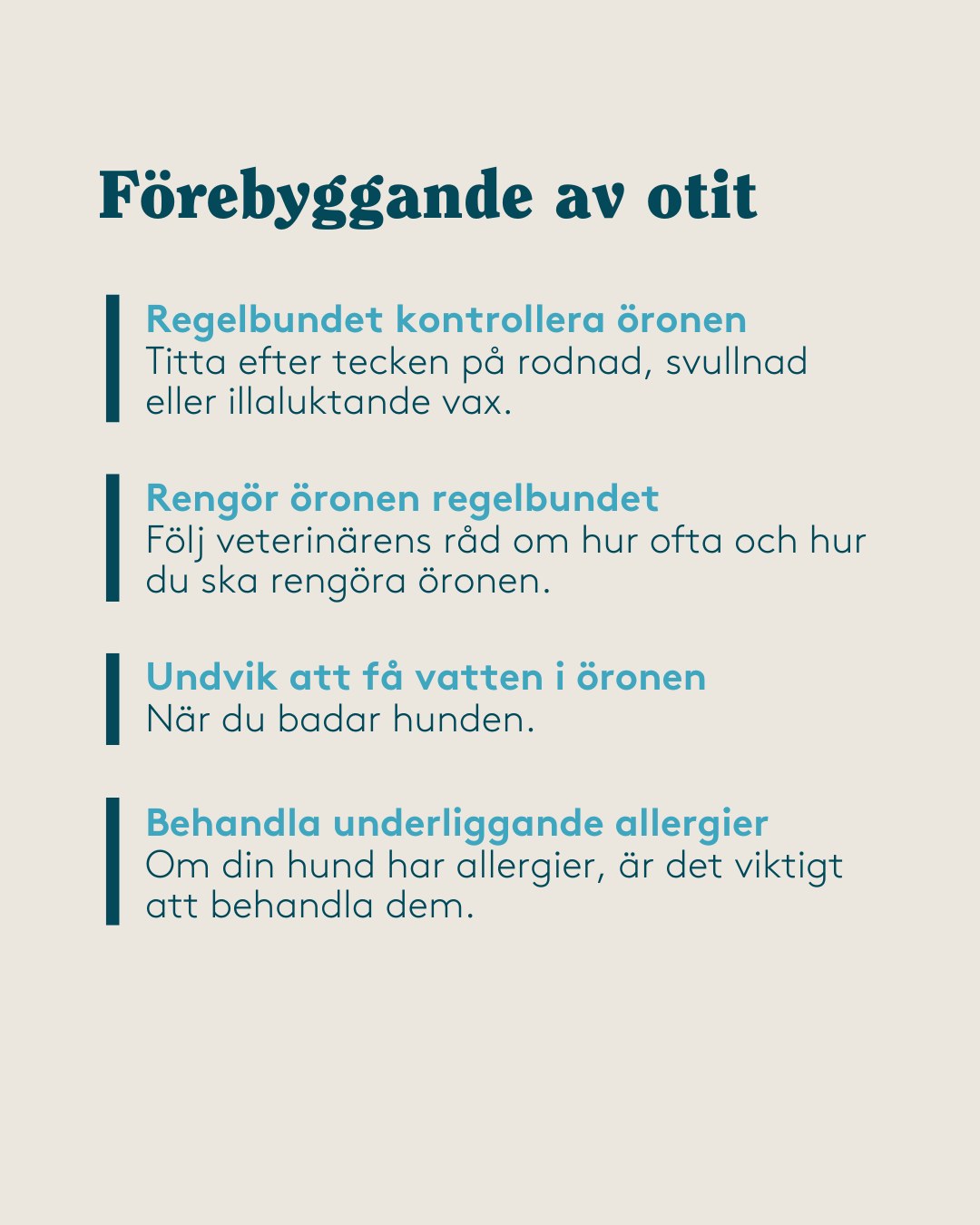 Furry Family - "Har din hund fått öroninflammation?", a six slide educational carousel in the brand's clinical calm palette. Concept, copy structure, layout and design by me. Swipe through the slides. - slide 5