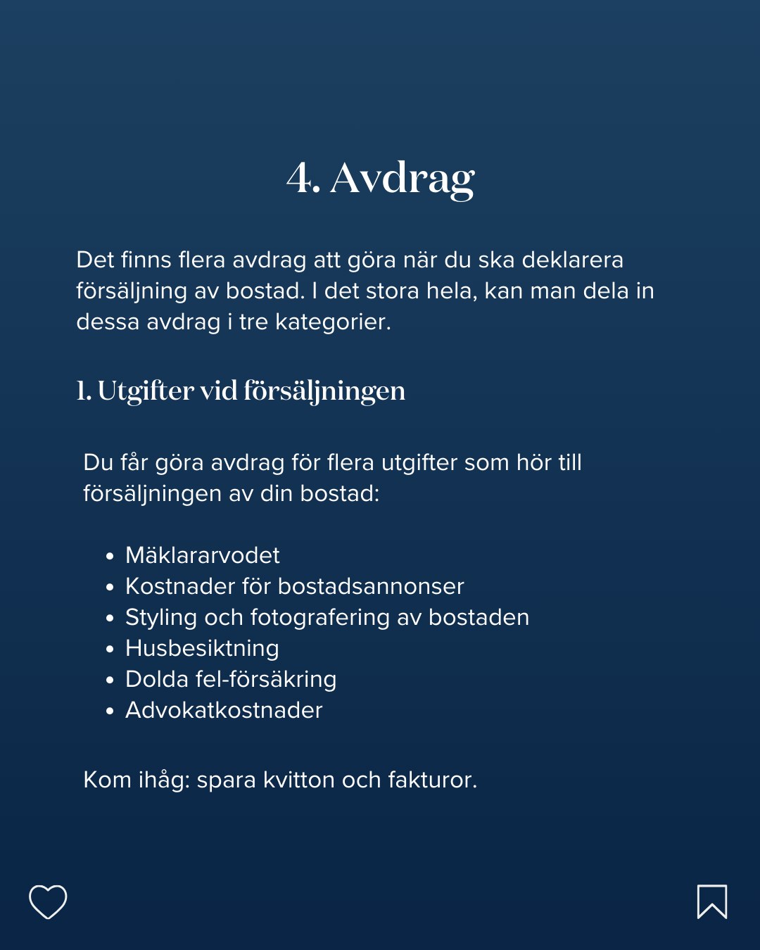 HusmanHagberg - "Deklarera bostadsförsäljning", an eight slide educational carousel. Concept, copy structure, layout and design by me. Swipe through the slides. - slide 5