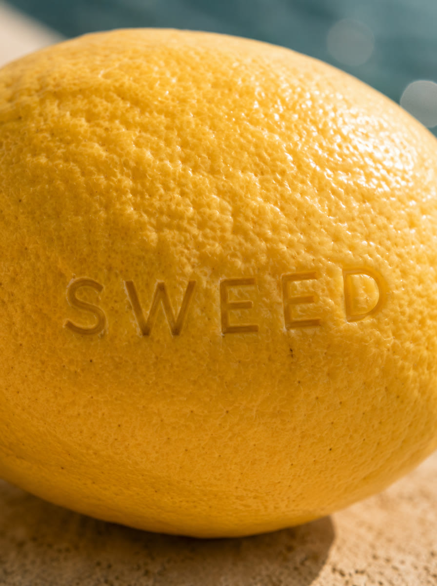 Macro detail - branded lemon, embossed logo in the peel, AI generated and art directed by me