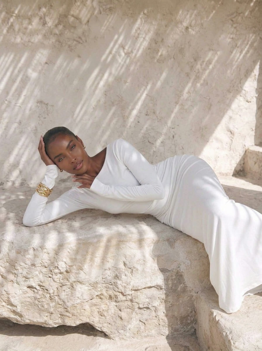 Reclining editorial frame on limestone, AI generated and art directed by me