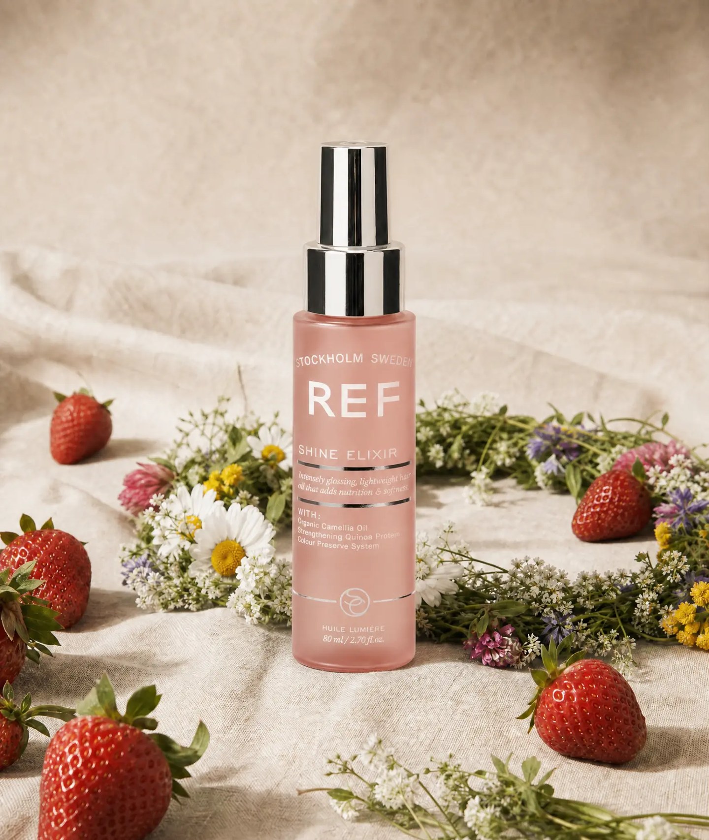 Campaign still - shine elixir in the same midsummer set, AI generated and art directed by me