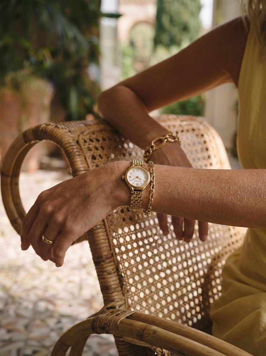 Product detail - gold watch and chain bracelet, AI generated and art directed by me