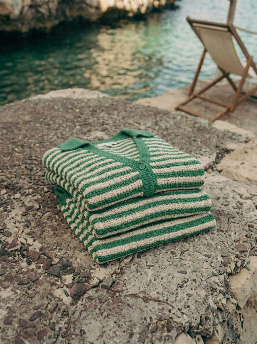 Product still life - striped knit stacked by the water, AI generated and art directed by me