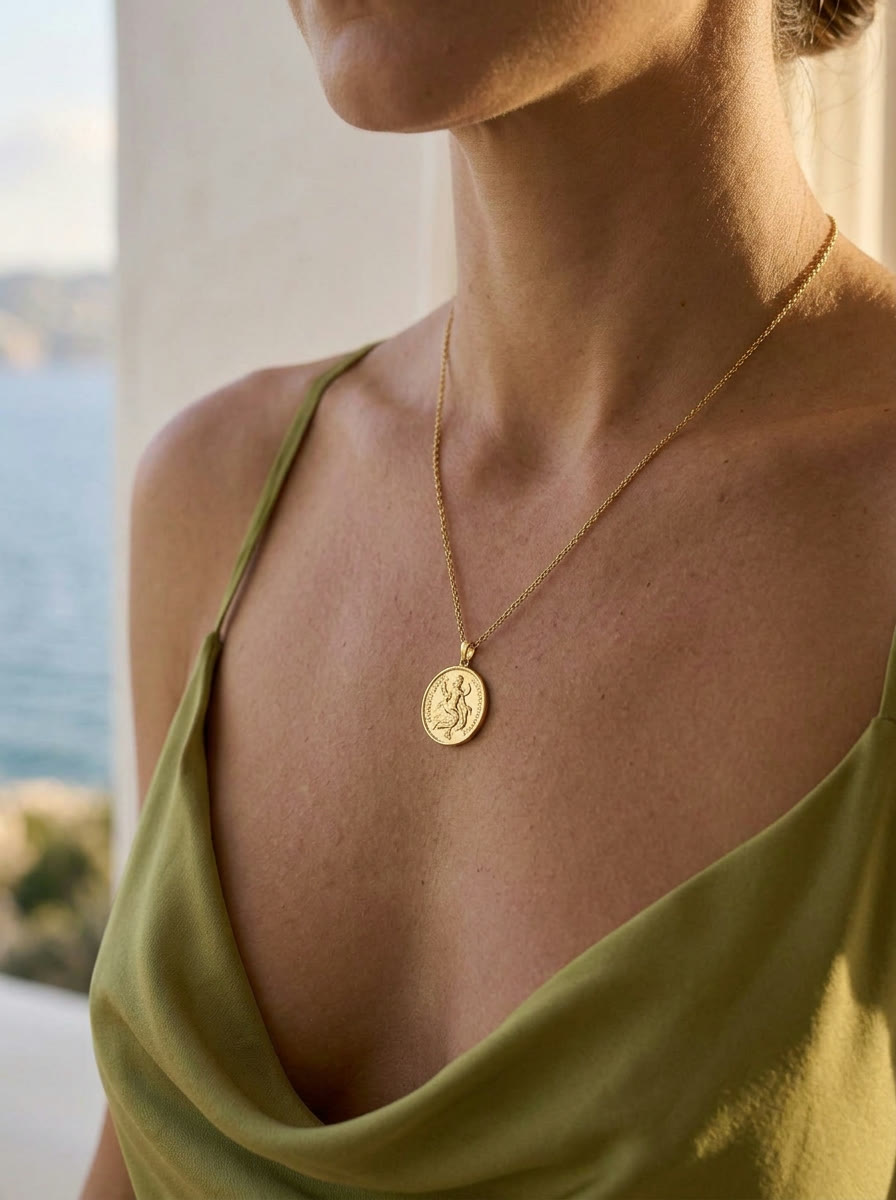 Product close-up - coin pendant on skin, AI generated and art directed by me