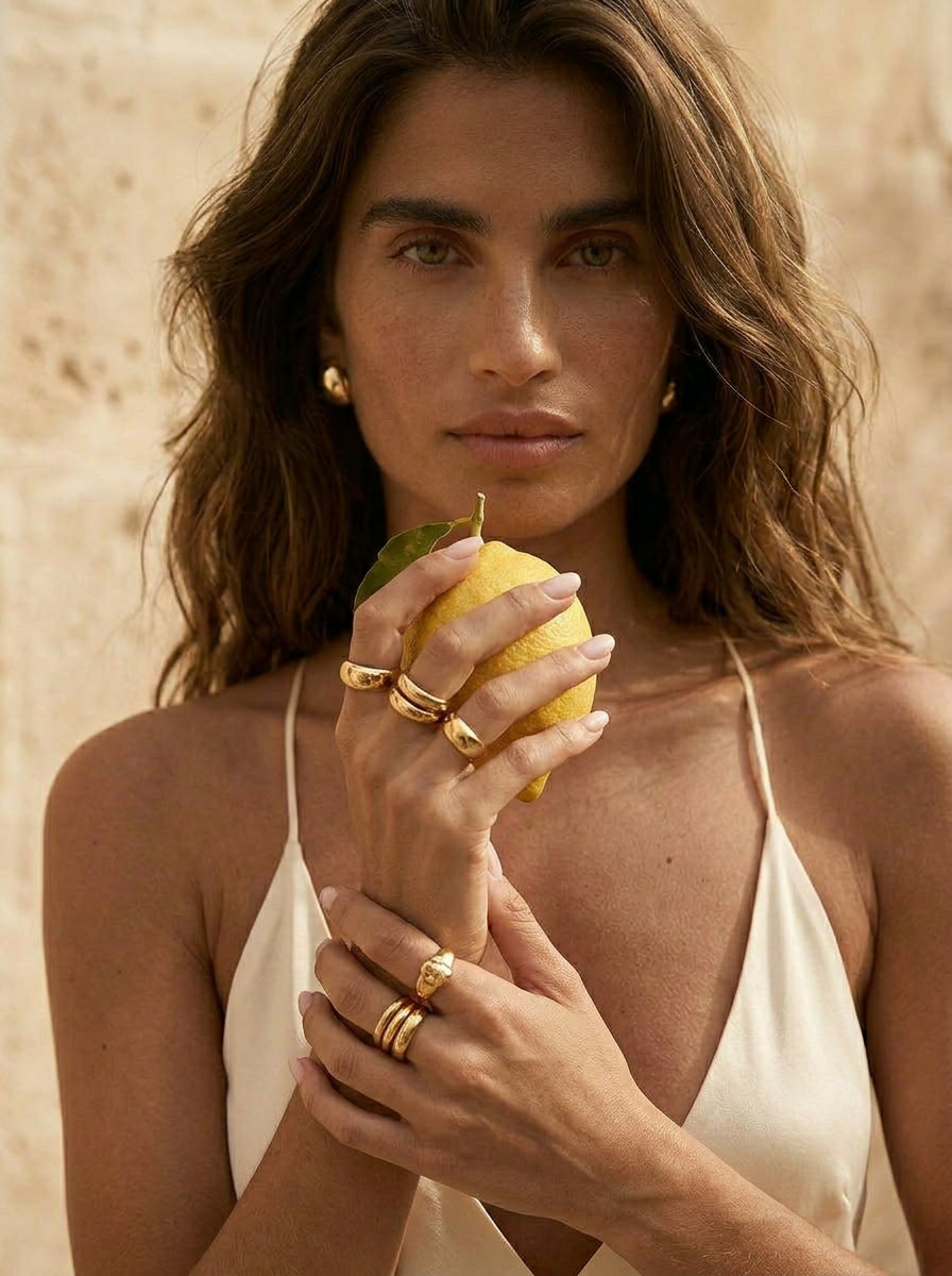 Still life moment - lemon in hand, stacked rings, AI generated and art directed by me