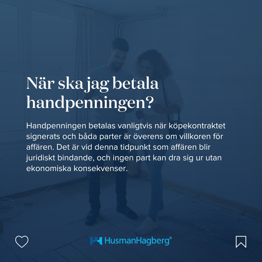 HusmanHagberg - "Allt du behöver veta om handpenning och kontantinsats", an eight slide educational carousel. Concept, copy structure, layout and design by me. Swipe through the slides. - slide 3