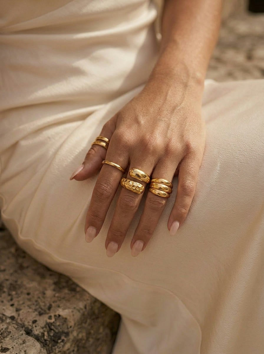 Macro detail - ring stack on silk, AI generated and art directed by me